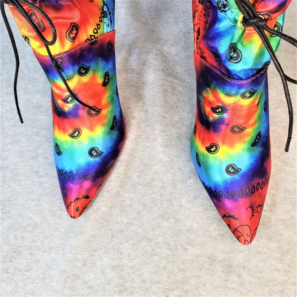* Mata Bold Tie Dye Drawstring 4" Stiletto High Heel Mid Calf Boots - Picture 4 of 11